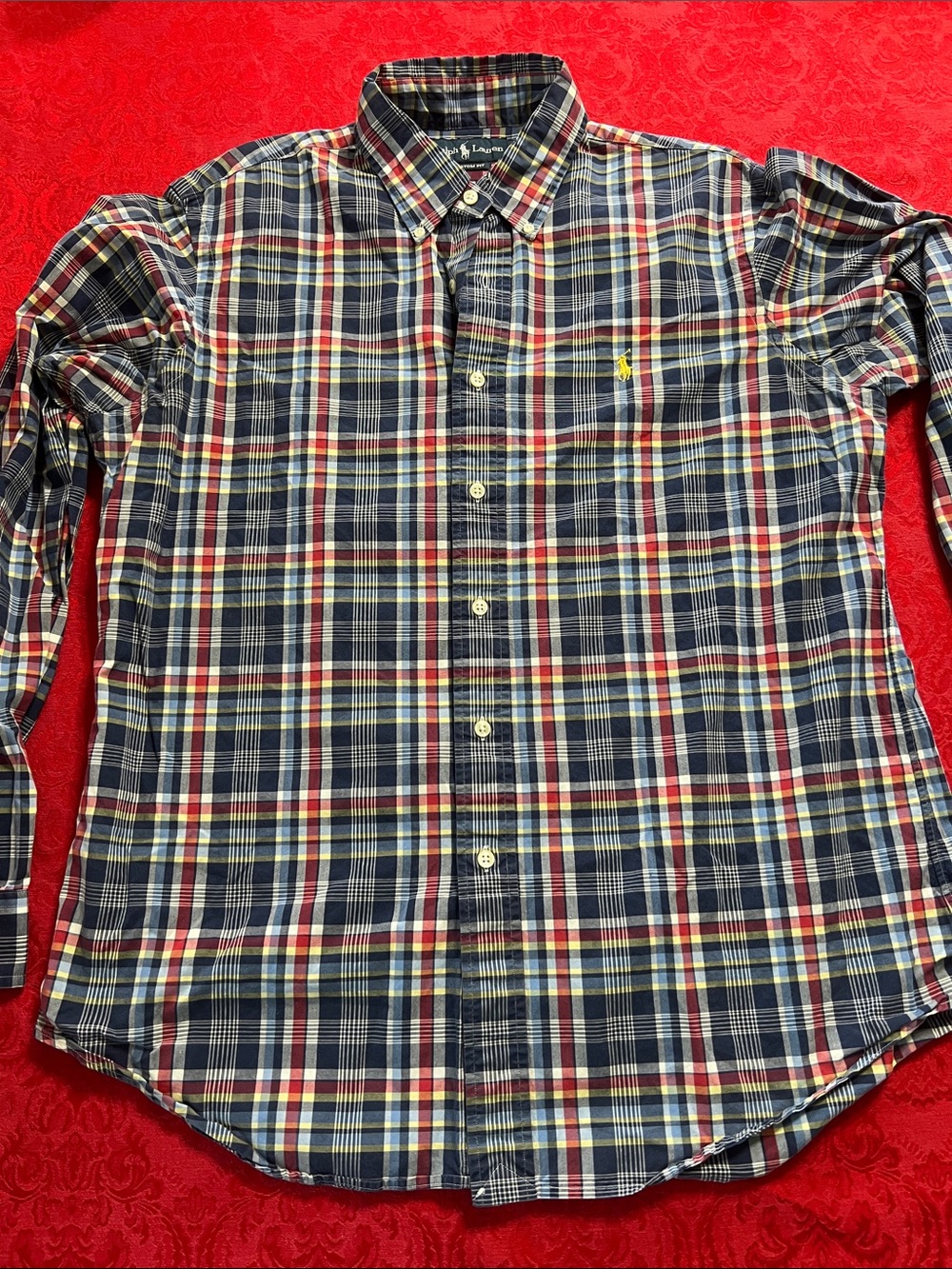 Polo Ralph Lauren Men’s Large Custom Fit Navy Red Yellow Plaid Cotton